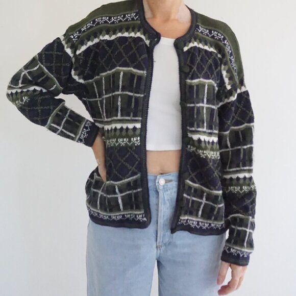 Sweaters - Vintage Christopher Banks Green Navy Diamond Lattice Embroidered Knit Cardigan L